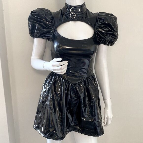 NWOT Dolls Kill Brand Widow Black Puff Sleeve Vinyl Mini Dress w Cutout Detail - Picture 1 of 6